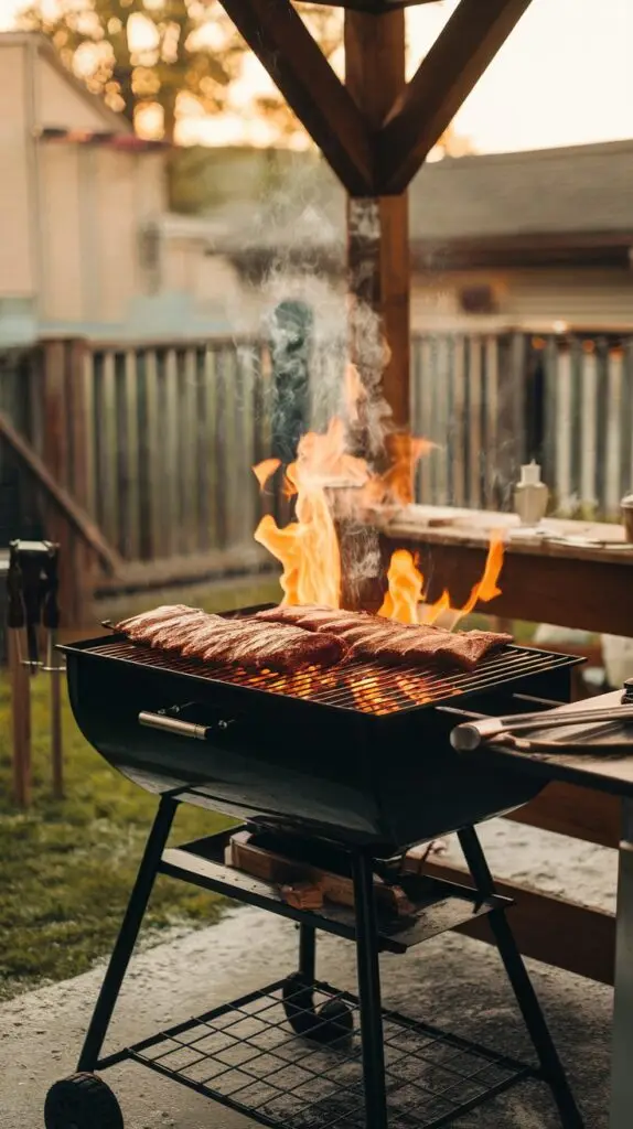 A backyard grill with flames cooking racks of ribs.