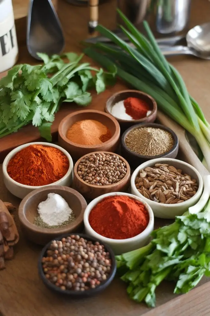 A collection of spices in small bowls, including paprika, cumin, and chili powder, with fresh cilantro.