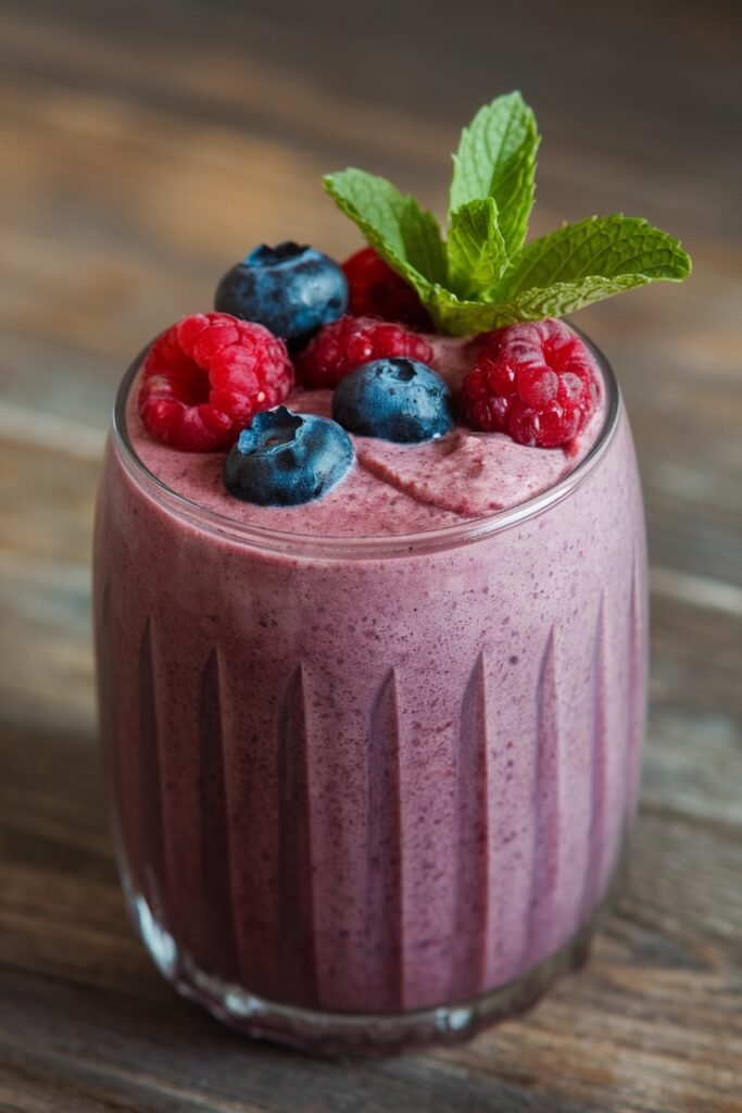 A creamy mixed berry smoothie in a glass, garnished with fresh raspberries, blueberries, and a sprig of mint.