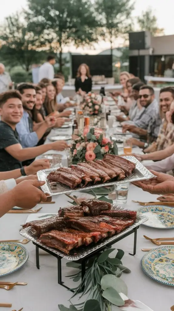 A long dining table with a group of people enjoying BBQ ribs together.