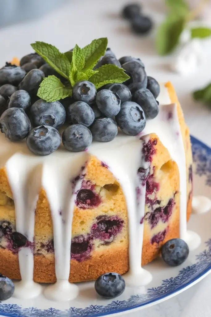 A rich blueberry cake topped with fresh blueberries, a thick yogurt glaze, and mint leaves.