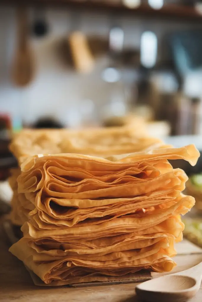 A stack of freshly prepared phyllo dough sheets in a rustic kitchen setting.