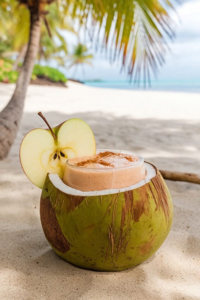 A tropical apple coconut smoothie served in a coconut shell on a sunny beach.