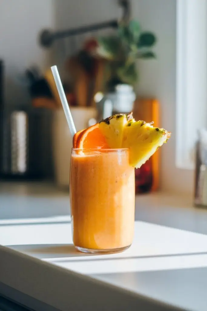 A tropical citrus smoothie in a glass, garnished with pineapple and an orange slice, placed on a sunlit kitchen counter.