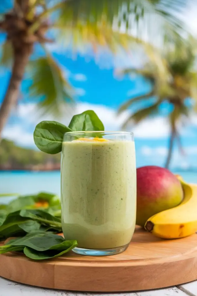 A tropical smoothie made with spinach and mango, served by the beach.