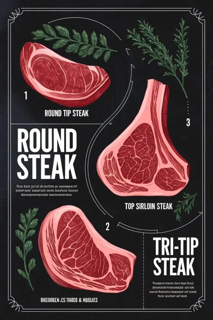 A vintage-style infographic showing different beef cuts, including round tip steak, top sirloin, and tri-tip steak.