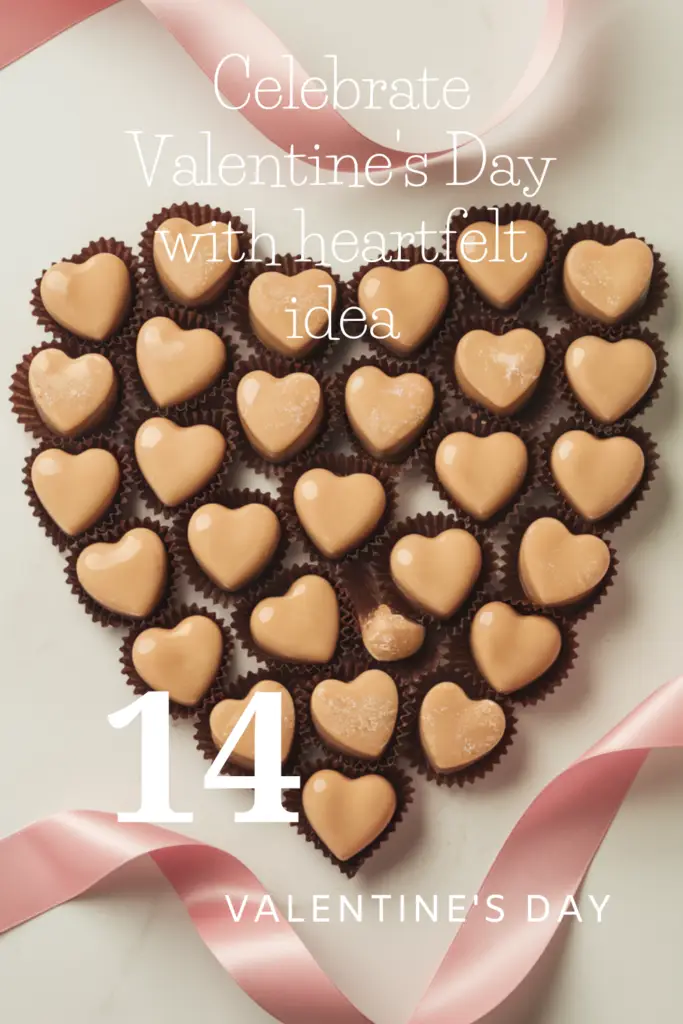 Heart-shaped chocolates arranged in a large heart formation on a white surface, decorated with a pink ribbon for Valentine's Day.