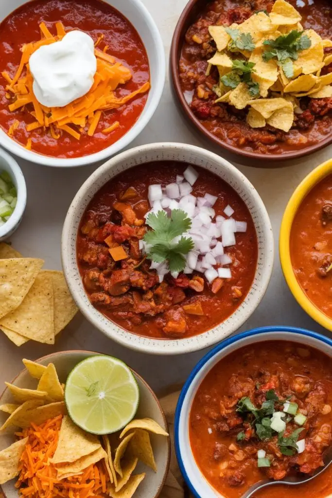 A variety of Chilli Con Carne soup bowls with different toppings, such as cheese, sour cream, tortilla chips, and fresh herbs.