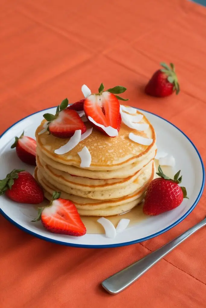 Stack of pancakes topped with strawberries and coconut flakes.