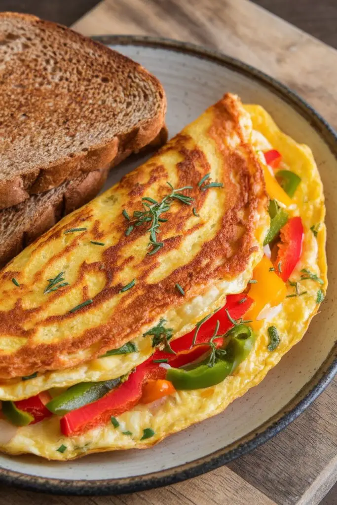 A golden-brown omelette filled with colorful bell peppers and herbs, served with whole wheat toast.