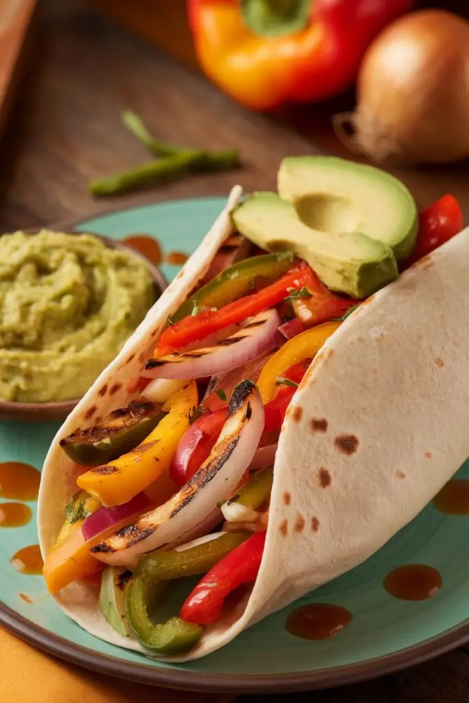 A healthy vegetarian burrito filled with grilled bell peppers, onions, and avocado, served with guacamole on a vibrant plate.