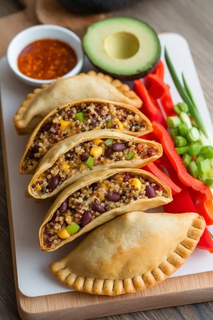 A platter of quinoa-stuffed empanadas with black beans, corn, and fresh vegetables.