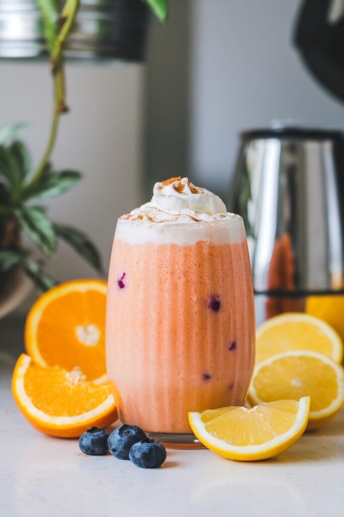 A vibrant citrus smoothie with blueberries, topped with whipped cream and a dash of cinnamon.