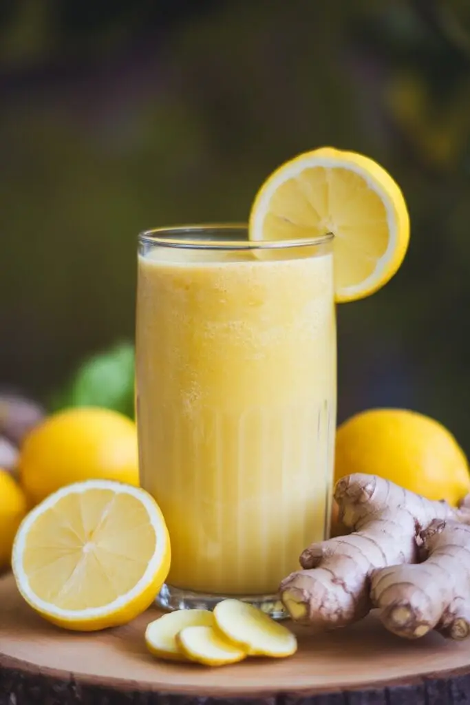 A bright yellow lemon-ginger smoothie in a tall glass, surrounded by fresh lemons and ginger slices.