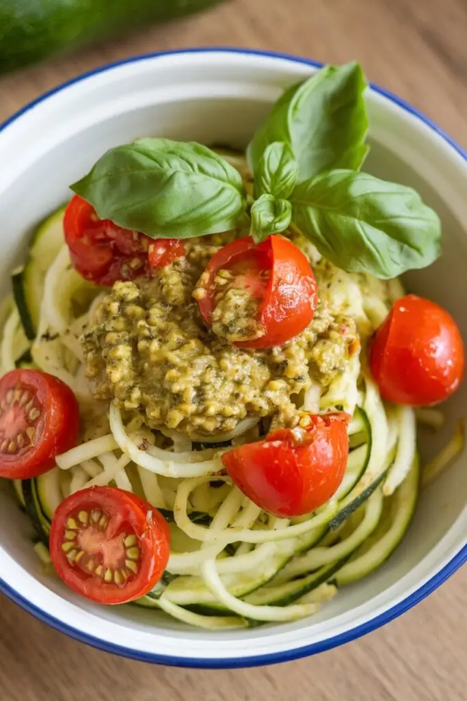 Zucchini noodles with pesto sauce, cherry tomatoes, and basil leaves.