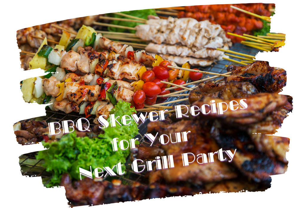 A variety of grilled skewers, including chicken, vegetables, and seafood, sizzling over a hot grill.