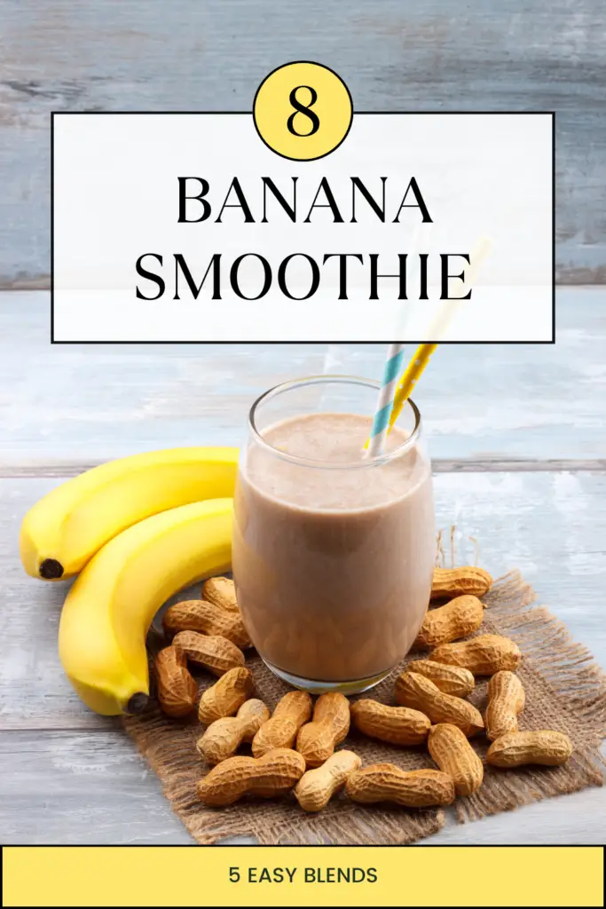 Creamy banana peanut smoothie in a glass with a colorful straw, surrounded by fresh bananas and peanuts on burlap cloth against a rustic blue wooden background.