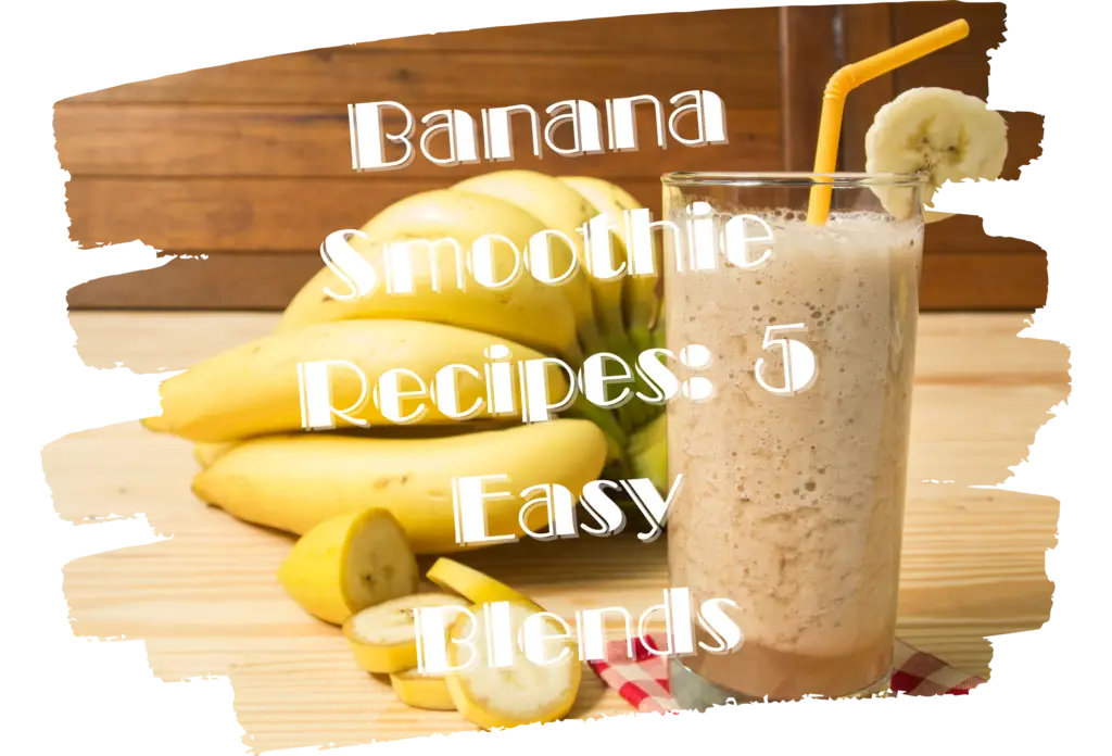 Banana smoothie in a tall glass with a yellow straw and banana slice garnish, displayed alongside fresh bananas and banana slices on a wooden surface with text overlay.