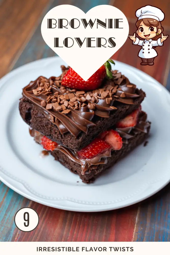 Chocolate brownie sandwich with strawberries, chocolate frosting and chocolate shavings on a white plate with Brownie Lovers heart logo