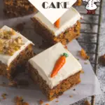 Homemade carrot cake recipes in square form with cream cheese frosting and decorative mini carrots, featuring a heart-shaped logo.