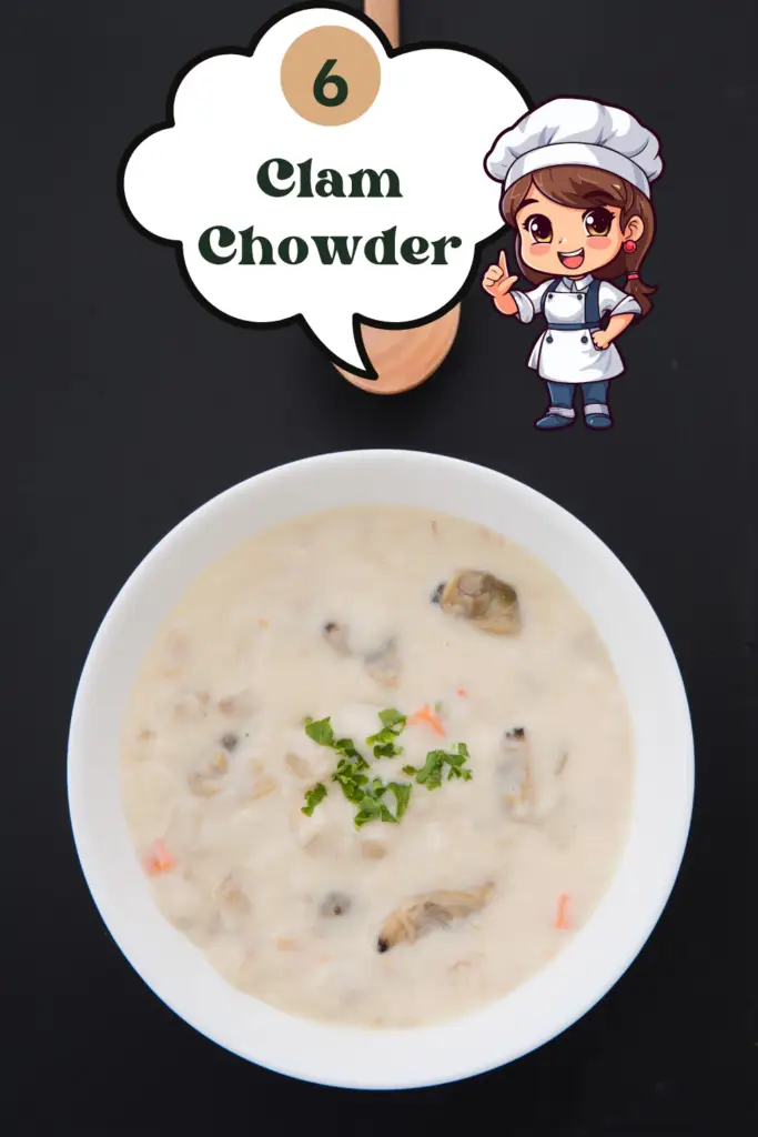 Overhead view of creamy clam chowder in a white bowl garnished with fresh green herbs and tiny orange carrot pieces, accompanied by a cartoon illustration of a smiling female chef in a white hat and apron with a speech bubble containing the number 6 and text 'Clam Chowder'.