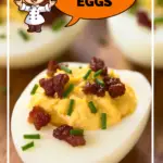 Close-up of a deviled egg topped with bacon bits and green chives on a white plate, presented with a cartoon chef character in a speech bubble saying "Deviled Eggs" and text reading "Classic Recipe Reinvented.