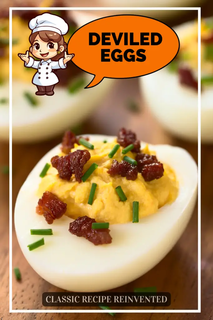 Close-up of a deviled egg topped with bacon bits and green chives on a white plate, presented with a cartoon chef character in a speech bubble saying "Deviled Eggs" and text reading "Classic Recipe Reinvented.