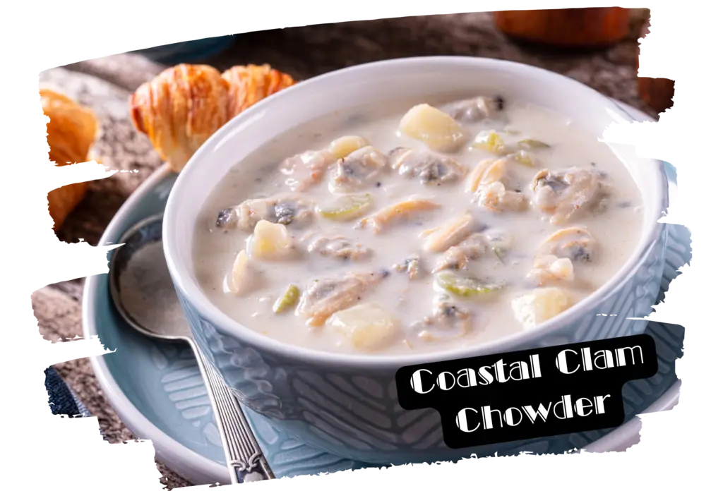 Creamy white New England clam chowder served in a light blue decorative bowl, filled with visible chunks of clams, potatoes, and celery in a thick white base, with croissants visible in the background and 'Coastal Clam Chowder' text overlay.