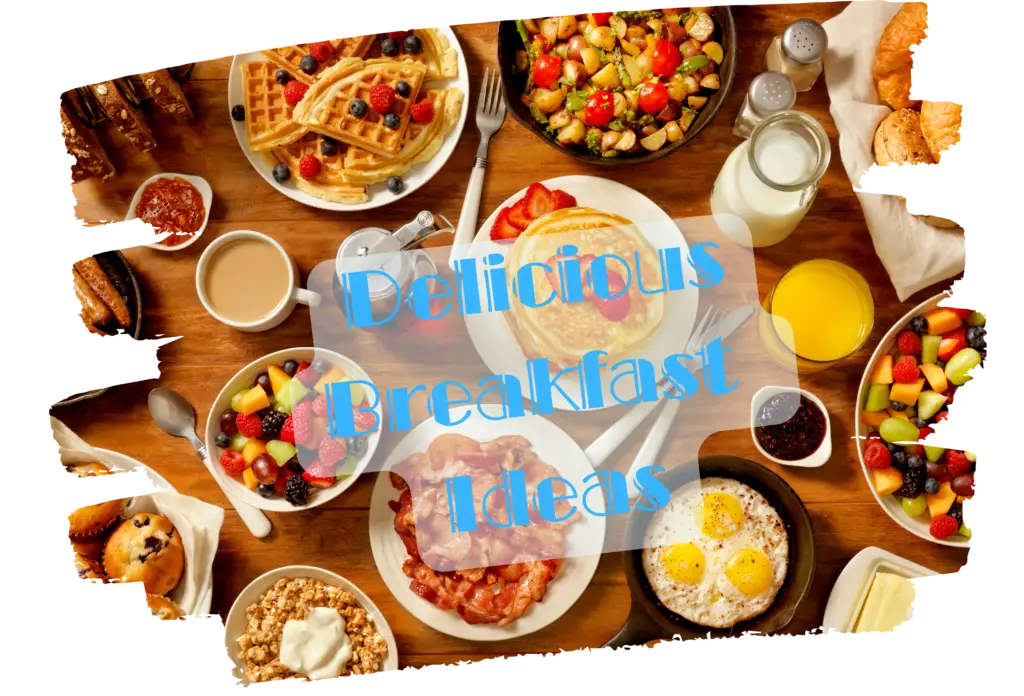 Overhead view of a comprehensive breakfast spread on a wooden table featuring waffles with berries, pancakes, fried eggs, bacon, fruit salad, hash browns, and various beverages including coffee, milk, and orange juice, with "Delicious Breakfast Ideas" text overlay.