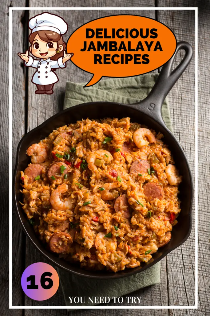 Shrimp and sausage jambalaya in cast iron skillet with cartoon chef character and "Delicious Jambalaya Recipes" text bubble showing "16 You Need To Try."