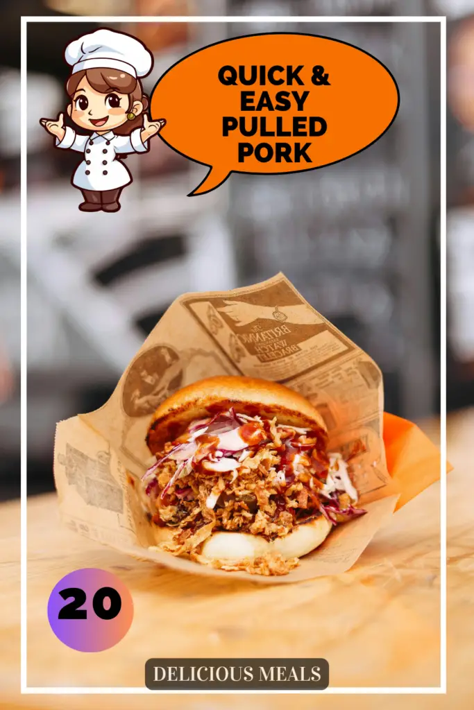 A pulled pork sandwich with barbecue sauce and coleslaw on a kraft paper wrapper, with a cartoon chef character in a speech bubble saying "QUICK & EASY PULLED PORK" and the number "20" in a purple circle.