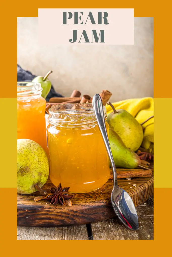 Mason jar of amber pear jam next to yellow and red pears with fresh ginger root on a wooden surface, framed by a peach-colored brush stroke border.