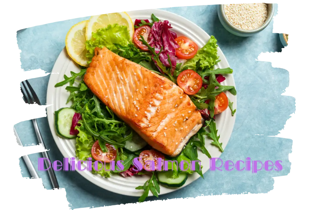 A fresh, grilled salmon fillet served on a vibrant green salad with cherry tomatoes, cucumber, and lemon slices.