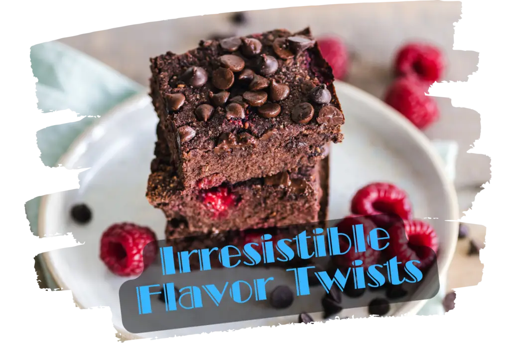 Fudgy chocolate brownies with embedded raspberries and chocolate chips stacked on a white plate with fresh raspberries scattered around