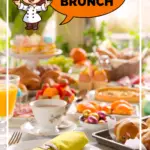 Easter brunch table display with various dishes, pastries, and colorful eggs, featuring a cartoon chef character with 'Easter Brunch' text and 'Make-Ahead Magic' caption.