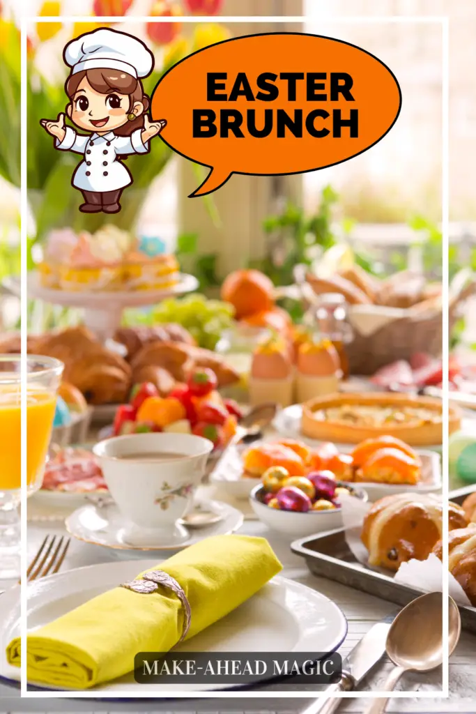 Easter brunch table display with various dishes, pastries, and colorful eggs, featuring a cartoon chef character with 'Easter Brunch' text and 'Make-Ahead Magic' caption.