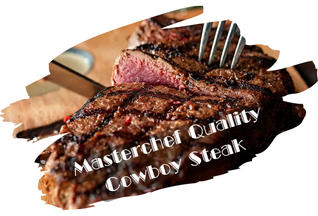 Perfectly grilled Cowboy steak with distinctive grill marks and a juicy medium-rare center being cut with a fork, showing the pink interior against the caramelized exterior crust.