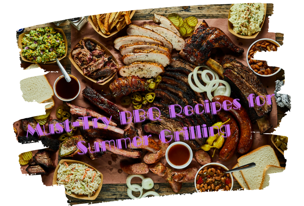 An overhead view of a delicious BBQ feast featuring grilled meats, ribs, sausages, coleslaw, baked beans, pickles, and sauces on a rustic wooden table.