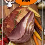 Sliced ham on wooden board with cartoon chef character and text reading "Easter Ham recipes: No-Fail Guide for First-Timers."