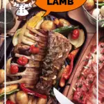 Complete roast rack of lamb dinner with vegetables and potatoes in cast iron skillet. Roast Lamb recipes for Easter family gathering with colorful side dishes.