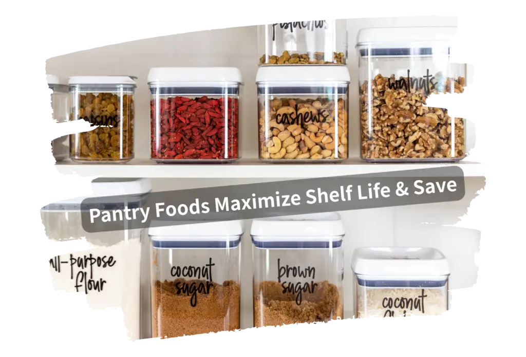 Organized pantry shelf with labeled clear containers storing raisins, goji berries, cashews, walnuts, flour, and sugars with text overlay 'Pantry Foods Maximize Shelf Life & Save'.