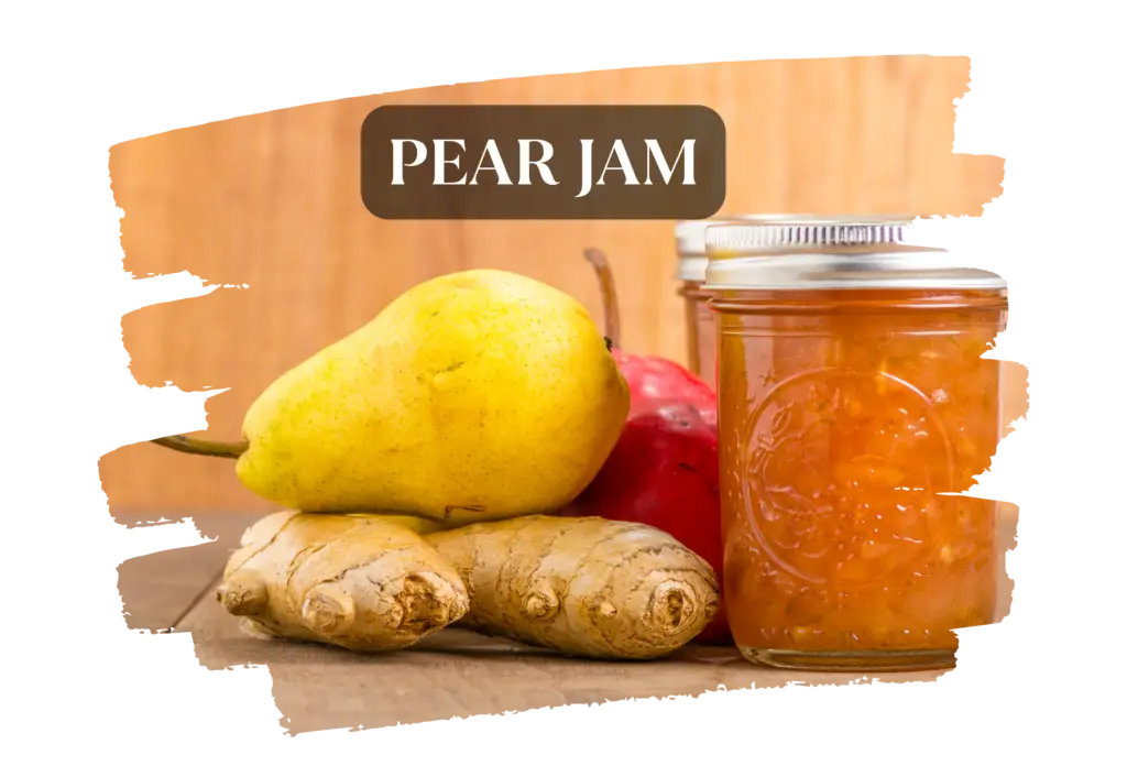 Glass jars of golden pear jam with fresh green pears, cinnamon sticks, and star anise on a rustic wooden board with a silver spoon against an orange-yellow background.