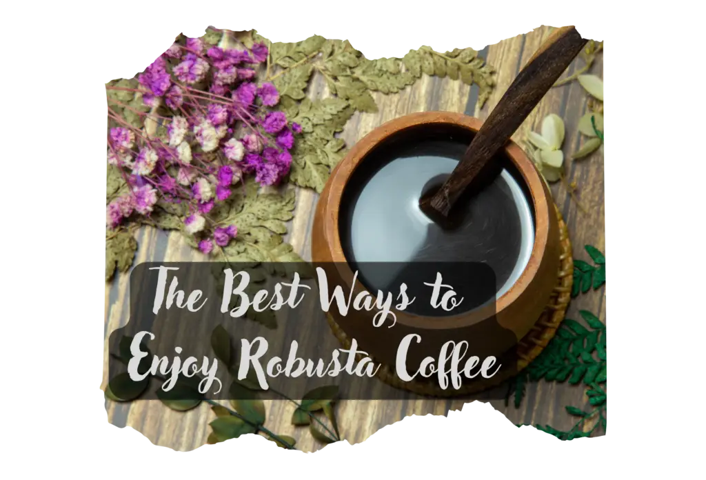 A traditional wooden cup of robusta coffee surrounded by purple dried flowers on a rustic surface, showcasing artisanal brewing methods for specialty coffee beans that would pair wonderfully with Easter ham recipes.