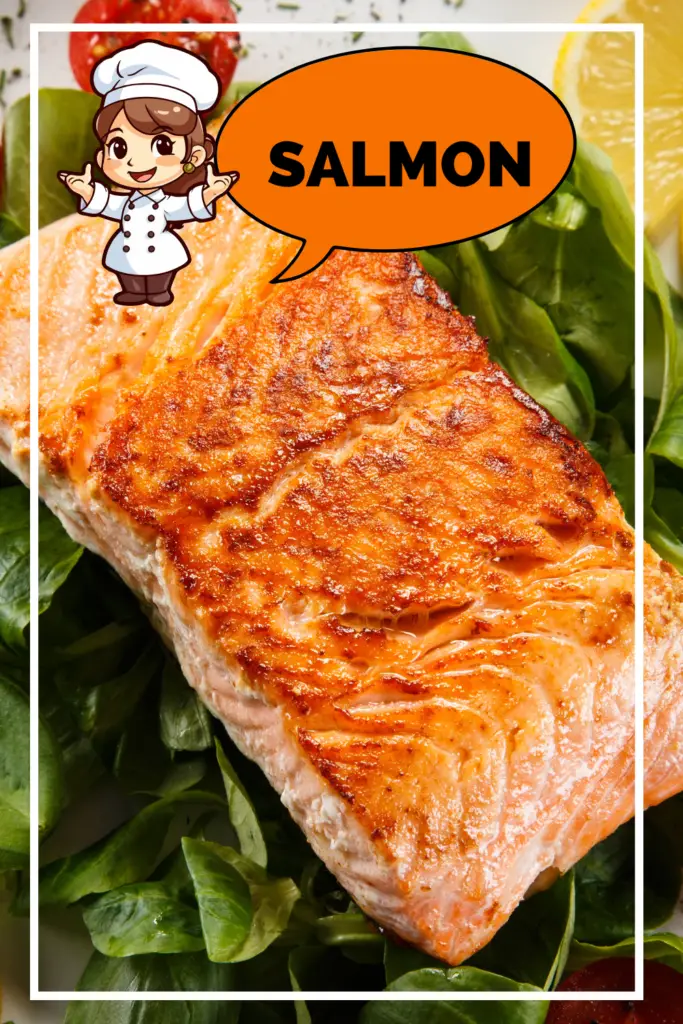 Salmon recipe illustration with cartoon chef character in a white hat pointing to perfectly cooked salmon fillet with fresh vegetables.