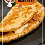 Golden Western omelette on a black plate with visible ham and cheese filling, accompanied by a cartoon chef character in a white hat and uniform with an orange speech bubble saying 'WESTERN OMELETTE' and text reading 'SAVORY MORNING DELIGHT' at the bottom.