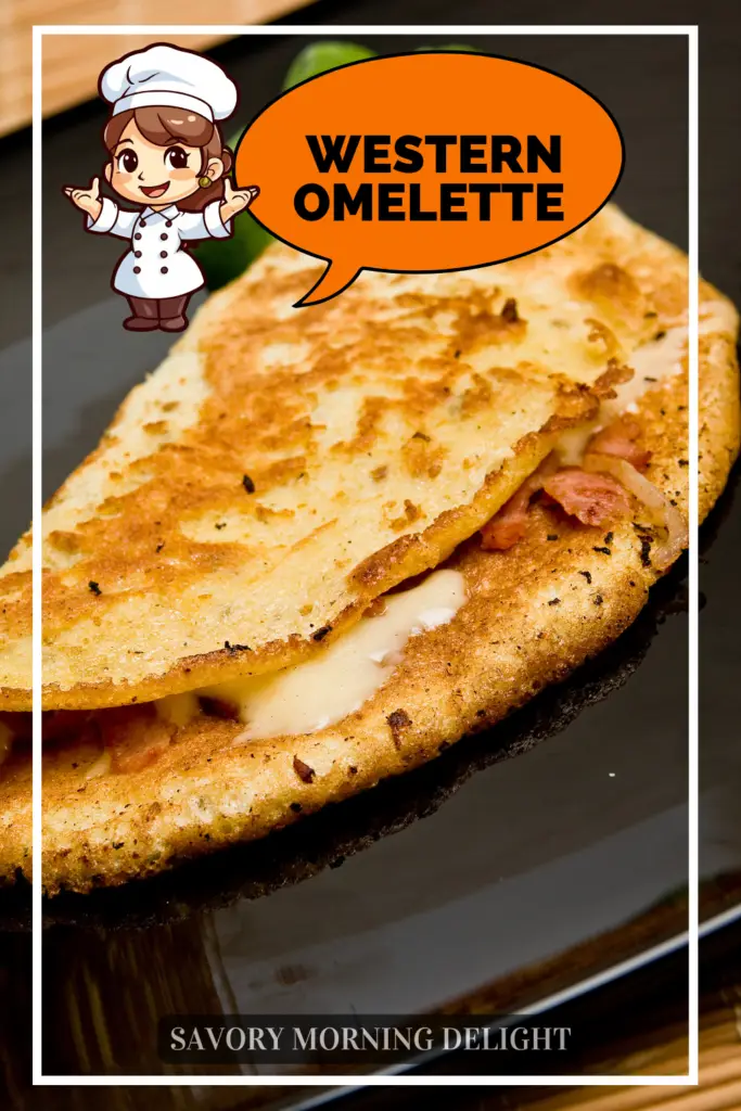 Golden Western omelette on a black plate with visible ham and cheese filling, accompanied by a cartoon chef character in a white hat and uniform with an orange speech bubble saying 'WESTERN OMELETTE' and text reading 'SAVORY MORNING DELIGHT' at the bottom.