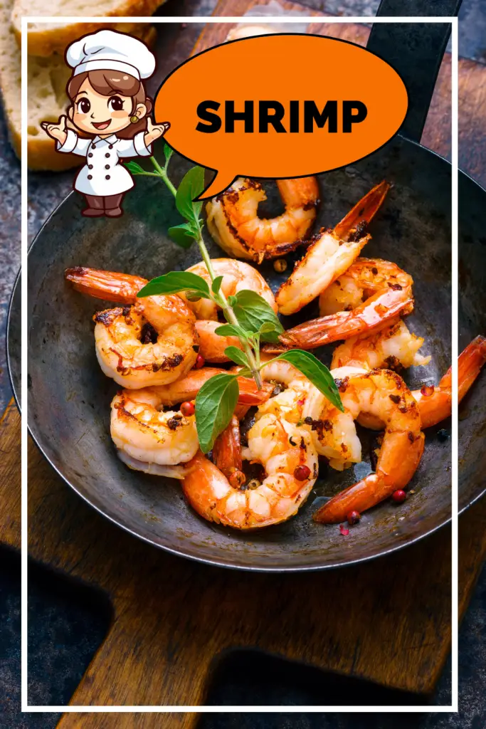 Perfectly sautéed jumbo shrimp with garlic and herbs in a rustic cast iron skillet, garnished with fresh herbs and featuring a vibrant green garnish.