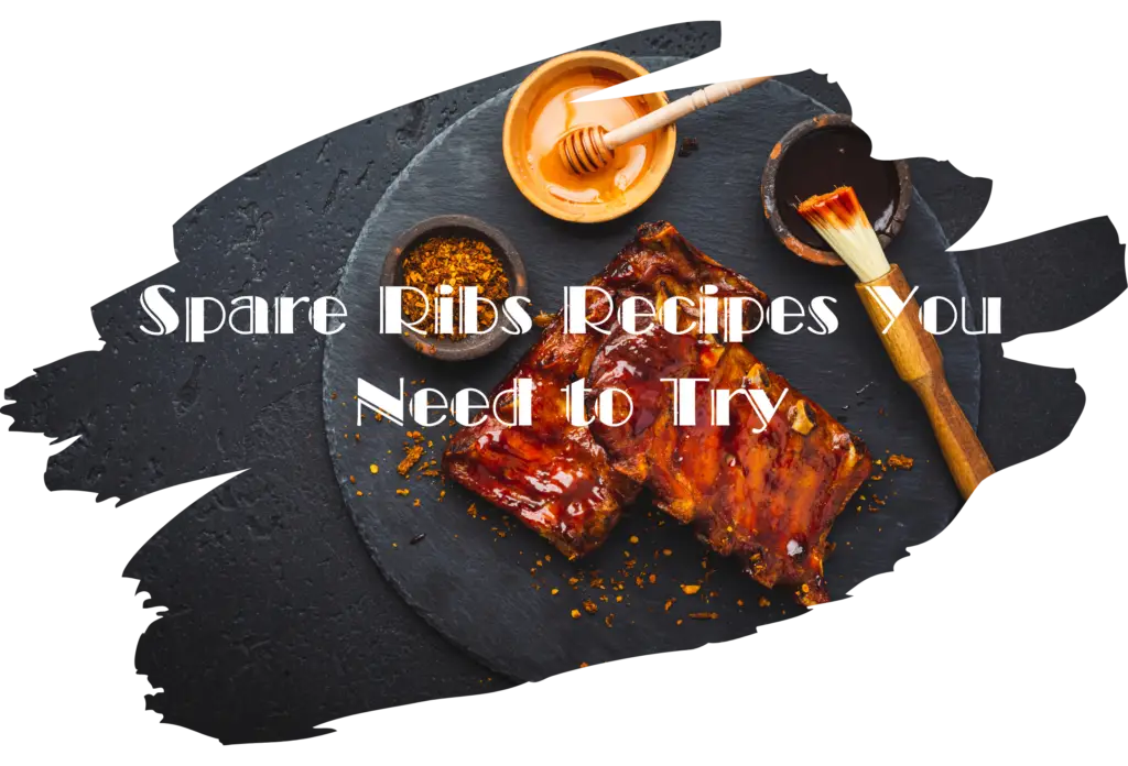 A rack of glazed spare ribs on a wooden cutting board with a meat fork, fresh rosemary sprigs, and a small bowl of red peppercorns, with a red circular overlay reading "MOUTHWATERING SPARE RIBS RECIPE" and the number "15" in a purple circle.