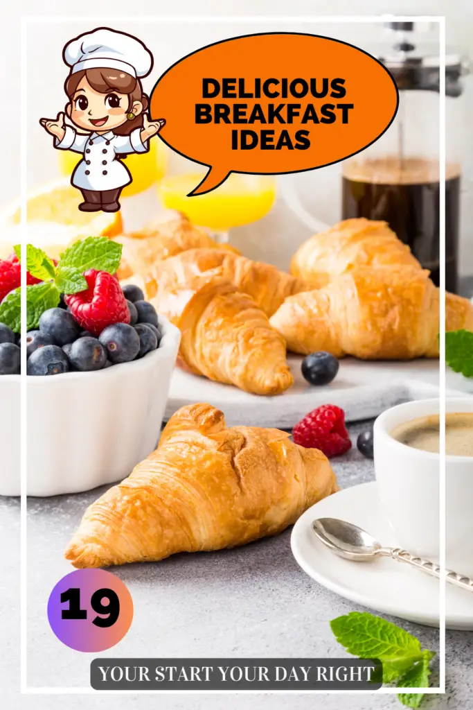 Continental breakfast spread featuring golden croissants, a bowl of fresh blueberries and raspberries, and a cup of coffee on a light surface, with a cartoon chef character in a speech bubble saying "DELICIOUS BREAKFAST IDEAS" and the number "19" at the bottom with text "YOUR START YOUR DAY RIGHT."