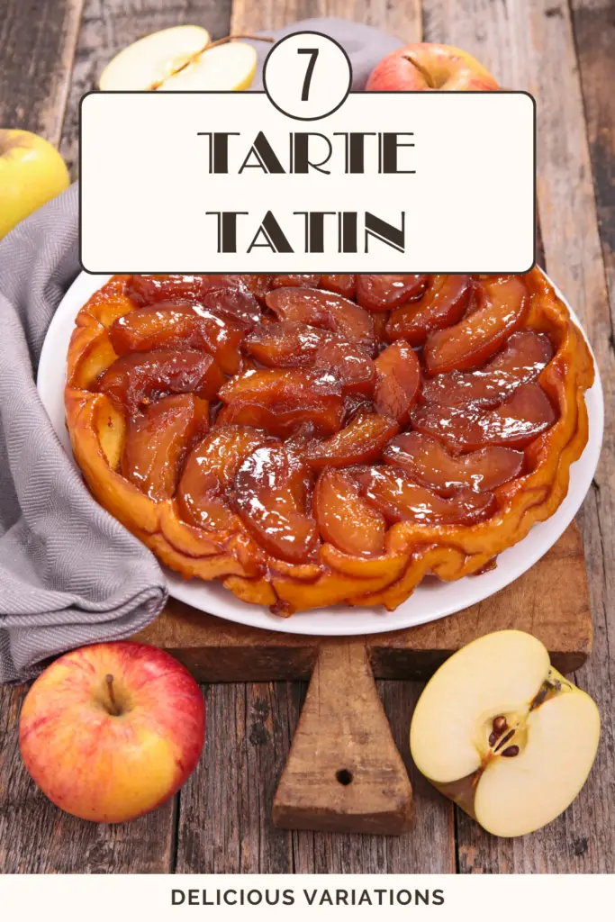 A slice of golden tarte tatin on a white plate with blue text overlay reading "Tarte Tatin Recipes: Easy & Delicious!" with a red apple and teacup visible in the background.